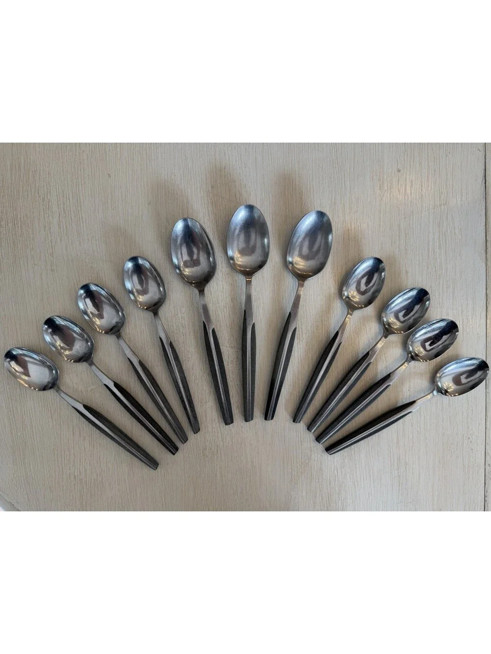 MCM EETRITE Moderna Stainless Spoons Faux Wood Handle Set Of 11 Rare